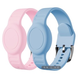 Foweroty for AirTag Bracelet for Kids, Waterproof Cute Print for Air tag Holder for Kids with Soft Silicone Full Coverage Anti-Lost Hidden for Airtag Wristband Accessories for Child, Pink/Light Blue