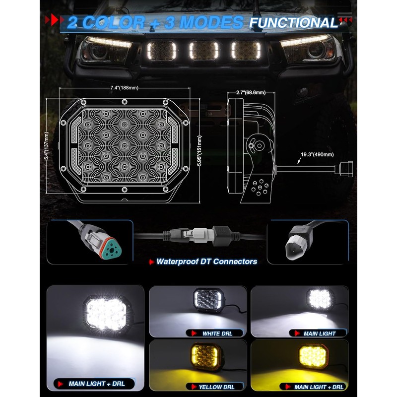 BraveWAY 5x7IN Square LED Driving Lights - 125W 19800LM with