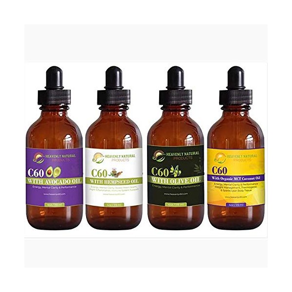 Ultimate C60 Combo - Organic, Ultra Pure, No Solvent Fullerene Carbon - Antioxidant, Energy and Brain Power - 4 Oz / 119 Ml Amber Bottles - Avocado, Hempseed, MCT and Olive Oil