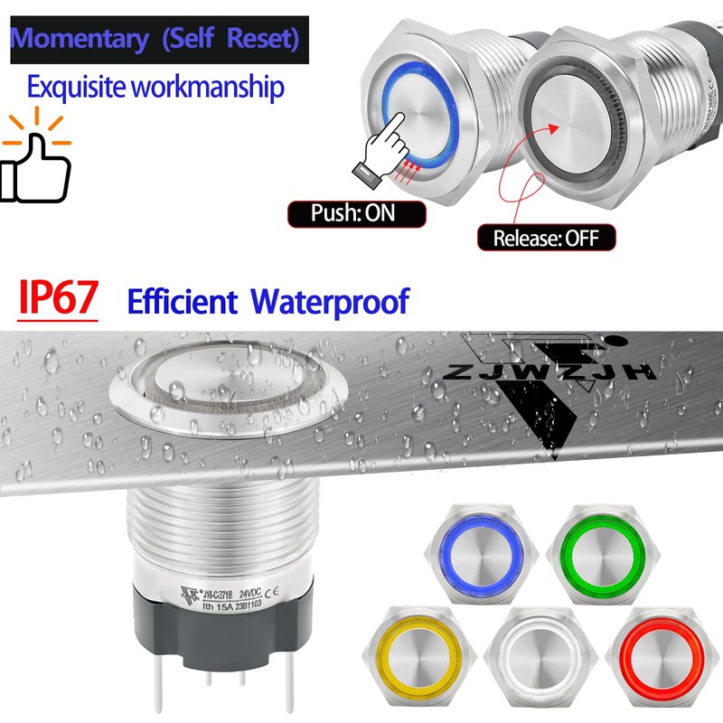 15 Amp Push Button Switch 16mm 5/8" Momentary Switch Red