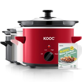 KOOC KOOC Small Slow Cooker, 2 Quart, Free Liners Included for Easy Clean-up, Upgraded Ceramic Pot, Adjustable Temp, Nutrient Loss Reduction, Stainless Steel, Red, Round