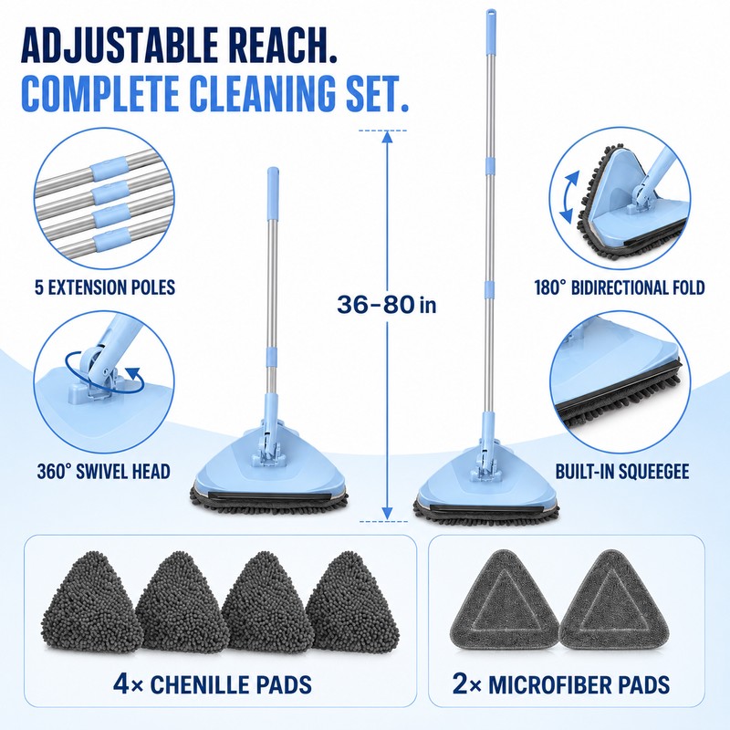 Wall Mop Cleaner with 80 Inch Handle and 360 Swivel