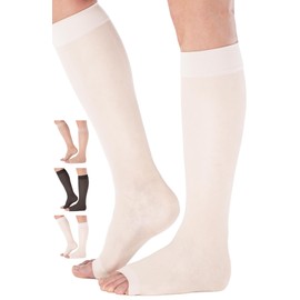ABSOLUTE SUPPORT Womens Compression Stockings 15-20mmHg for Travel - Sheer Compression Socks with Open Toe for Women Fatigue, Swelling, Legs Discomfort, Made in USA, White, Large
