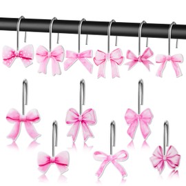 MALLMALL6 12Pcs Pink Bow Knot Shower Curtain Hooks Decorative Coquette Bowknot Metal Rustproof Pendants Bathroom Bedroom Baby Living Room Nursery Art Decor Accessories Stainless Curtains Rings