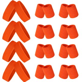24 Pieces 80s Neon Sweatbands Set, Include 8 Sports Headbands and 16 Sweat Wristbands Elastic Athletic Tennis Sweat Bands Bulk for Man Woman(Neon Orange)