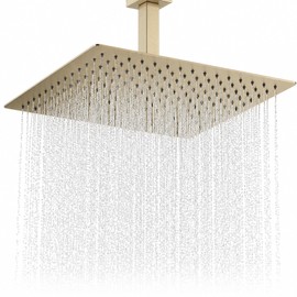 Cabezal de Ducha Tipo Lluvia, Cuadrado de 16 Pulgadas, para Montaje en Techo, Extragrande, de Acero Inoxidable, Ultrafino, en Cascada, Dorado Cepillad