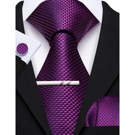 YOHOWA Dark Purple Tie Extra Long for Men with Tie Clip Solid Plaid Silk Necktie Pocket Square Cufflinks Set Formal Wedding Party Business