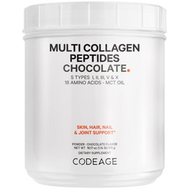 Codeage Multi Collagen Chocolate Protein Powder - Hydrolyzed Bovine Collagen Peptides, 5 Collagen Types & MCT Oil - Collagen Creamer, Chocolate Collagen Peptides - Protein Shakes - Non-GMO - 18.17 oz | Codeage