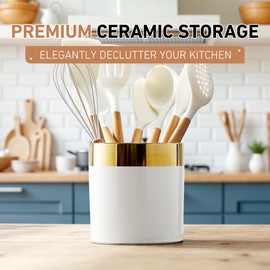 Modern Ceramic Kitchen Utensil Holder - White with Gold Rim with Non-Slip Base - Elegant Caddy for Cooking Tools and Serveware
