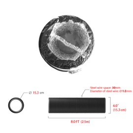LOOTICH Strong 6" Air Duct 8 FT Long Black PVC Flexible Aluminum Ducting with 2 Stainless Steel Clamps 4 Layer HVAC Ventilation Hose for Grow Tents Dryer Rooms House Vent Register Lines