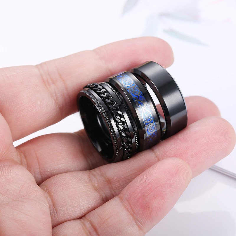 Milacolato 3 Pieces Stainless Steel Ring, Men's, Black Spinner Chain