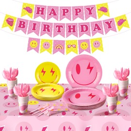 Dandat 175 Pcs Preppy Birthday Party Decorations Serves 24 Guests Y2k Smile Face Plates and Napkins Tableware Pink Preppy Happy Birthday Banner Disposable Tablecloth for Cowgirls Party Supplies