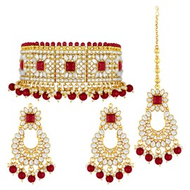 Aheli Bridal Kundan Faux Pearl Gargantilla Collar con Pendientes Maang Tikka para Mujeres Niñas India Tradicional Bollywood Fashion Jewelry Set (Rojo)