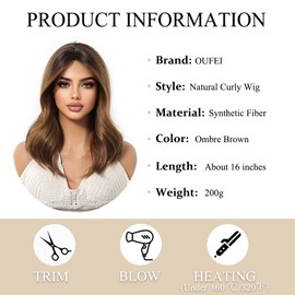 OUFEI Ombre Brown Wig for Women with Curtain Bangs Medium Length Natural Curly Synthetic Hair Heat Resistant Wigs for Daily Party Cosplay Wear