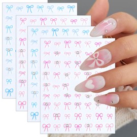 4 Blätter Schleife Nagel-Sticker für Nagelkunst, 5D selbstklebend, Schleifen-Nageldecoration, Rosa und Blaue Schleifen mit Kristall-Diamant-Relief-Rhinestones, Nageldecal für Frauen