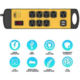 CRST 8 outlet power strip 2 USB,metal housing Heavy Duty 1800J surge protector