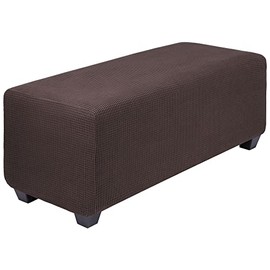 PiccoCasa High Stretch Ottoman Cover with Elastic Bottom, Soft Slipcover Jacquard Fabric Small Checks Rectangle Storage Stool Cover Furniture Covers X-Large Umber