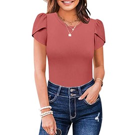 MISSJOY Women's Casual V Neck Short Sleeve Bodysuits Elegant Ruffle Sleeve Ribbed Body suit L