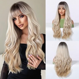 Aecaeceo Long Blonde Wig with Bangs Long Wavy Wigs for White Women 26 Inches Ombre Blonde Wig with Dark Roots Synthetic Wig Cosplay Wigs Womens Hair Replacement Wigs for Holiday Daily Party Use