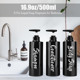 AUMIO 16.9oz Shampoo and Conditioner Bottles Set of 3-Printed Shower Soap Dispenser Plastic Shampoo Bottles Refillable with Pump - Shampoo Conditioner Body Wash Dispenser for Bathroom Shower Black