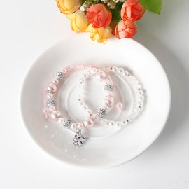 DS 4PCS Beaded Charm Bracelets for Teen Girls Dainty cute cartoon Crystal Beads Pearl Bracelets anklets set for woman and girls Adjustable Stretch bracelet birthday Gift For Friends (Pink Pony 2)