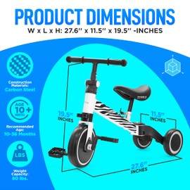 3 in 1 Kids Tricycles - Balance Training Bike Convertible Toddler Walker Riding Toys for 10 Month to 3 Year Old Boys Girls w/Removable Pedals, Carbon Steel Frame, Adjustable Seat Height (Zebra)
