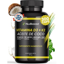 NuBoost Vitamina D3 + K2 | 300 Cápsulas Blandas con Aceite de Coco | 400 UI D3 & 30mcg K2 
