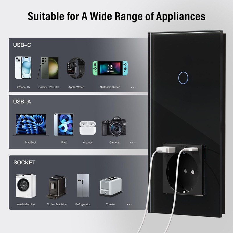 BSEED Touch Light Switch Single 1 Way with USB C