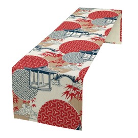 Camino de mesa de hojas de arce japonesas para mesa de comedor, puente chino asiático, oriental, azul, línea roja, caminos de mesa para oficina, boda, fiesta, decoración del hogar, 13 x 60 pulgadas