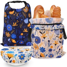 Revahope 2 Pack Reusable Bread Bags for Homemade Bread, 17"×13" Sourdough Bread Storage Bags with Bowl Cover - Keep Loaf Fresh and Easy to Wash(Blue-Yellow Floral)