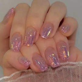 Ceboic Pack of 24 Artificial Nails, Short Square, Glitter Pink Nail Tips, Aurora Meteor Nails for Sticking, Ballerina Full Cover Artificial Nails, Acrylic Press On Nails for Women, Girls, Manicure