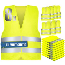 KENPOJO High Visibility Car Vest, Set of 8, Reflective Safety Vest, Yellow, Suitable for Cars Europe-wide, According to EN ISO 20471, High Visibility Vest, Safety Vest, Car, Adults, for Drivers, Workers