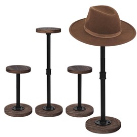 Vrietina 4Pcs Tabletop Hat Stand Cap with Height Adjustment, Industrial Metal Pipe Rustic Burnt Wood Hat Rack, Wig Rack for Chapeau, Cowboy Hat, Helmet