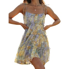 kinstell Women's Boho Spaghetti Strap Ruffle Square Neck Bowknot Backless Sleeveless Elegant Flowy Mini Short Skater Dresses Purple