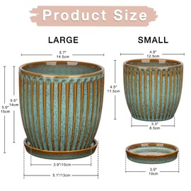 Oairse Ceramic Pots for Indoor Plants, 4.9 +5.7 inch Pots for Plants Set of 2 Bluish Grey Plant Pots with Drainage Holes and Saucers Texture Ceramic Planters Indoor Outdoor Flower Pots for Succulent