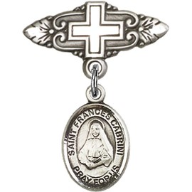 Sterling Silver Baby Badge with St. Frances Cabrini Charm and Badge Pin with Cross 1 X 3/4 inches