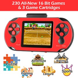 TaddToy 16 Bit Handheld Game for Kids Adults, 3.0'' Large Screen Preloaded 230 HD Classic Retro Video Games with USB Rechargeable Battery & 3 Game Cartridges for Birthday Gift for Kids 4-12 (Red)