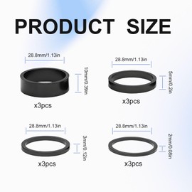 Makoto Nobu 12 Pcs Headset Spacers for Bikes - 28.8 mm Diameter Aluminium Alloy Bike Stem Spacers Set, 2mm, 3mm, 5mm, 10mm, Black, for MTB, BMX, Road, and Mountain Bike Handlebars