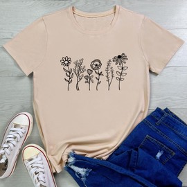 LOOKFACE Women Crewneck Tees Cute Graphic T Shirts Apricot Large