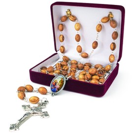 Holy Family (Outside), Wooden Catholic Rosary Necklace from Israel, Olive Wood Rosary Beads with Icon Portrait & Crucifix Cross Pendant, Confirmation & Communion Rosaries for Men & Women