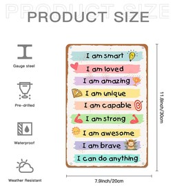 Affirmation I Am Kind I Am Smart Metal Sign Inspirational Quotes Tin Sign Decor for Home Kids Room Classroom Playroom Wall Decor 8x12 Inch Pre-Drilled Holes for Easy Installation