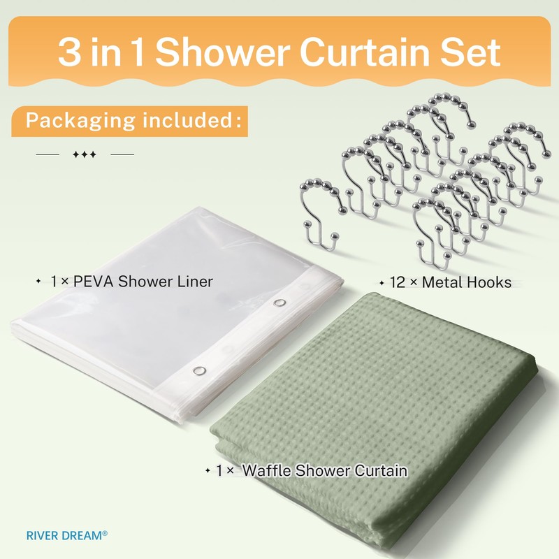 River Dream 3 in 1 Shower Curtain Set, Waffle Fabric