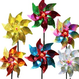 6 Pack Sparkly Colorful Pinwheels, Sparkly Reflective Wind Spinner for Yard and Garden with Stakes, Decor Windmill to Scare Birds Away for Garden Lawn and Patio