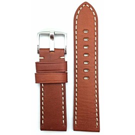 NewLife 24mm Brown Leather Watchband Compatible with Panerai Watch | Flat Padded Replacement Watchstrap Bracelet with Creamy Off White Stitches that brings to Any Watch (Mens Standard Length)