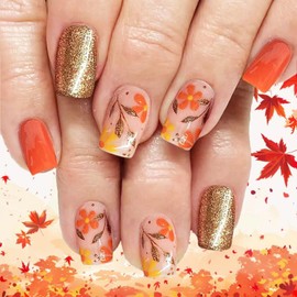 24Pcs Sparkly Leaf Press on Nails Glossy Gold Glitter Acrylic Fake Nail Fall Leaves Stick on Fingernails Thanksgiving Medium Square False Nails Autumn Flower Gel Glue on Nail for Coquette Women Girls