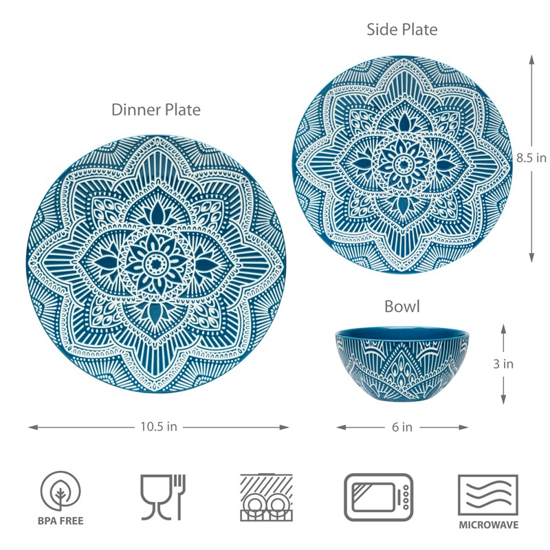 Bzyoo 12-Piece Ceramic Dinnerware Set: La La Mandala Blue Dish