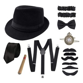 Shalwinn 1920s Men's Accessories 20s Gangster Costume Mafia Gatsby Costume Accessory Set with Elastic Adjustable Braces Black Panama Gangster Hat Pocket Watch Cigar