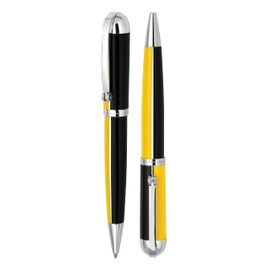 Xezo Visionary Brass and Aluminum Ballpoint Pen, Medium Point. Speed Yellow and Black Lacquer. Numbered in Limited Edition of 500. Classic Art Deco Color Disposition, Retrofuturistic Body Style