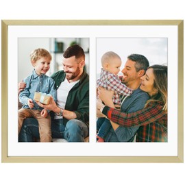 Golden State Art, 5x7 Aluminum Collage Frame, Displays 7x5 Pictures With 2 Openings Mat or One 8.5x11 Photo, Real Glass, Portrait/Landscape Wall/Tabletop Display, Gold, 1 Pack
