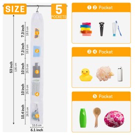 GNEGNI LIFE Mesh Hanging Shower Caddy, 5 Pockets Shower Organizer with Metal Hook 57inch Shower Hanging Storage Hold Shampoo, Body Wash, Razors(White)